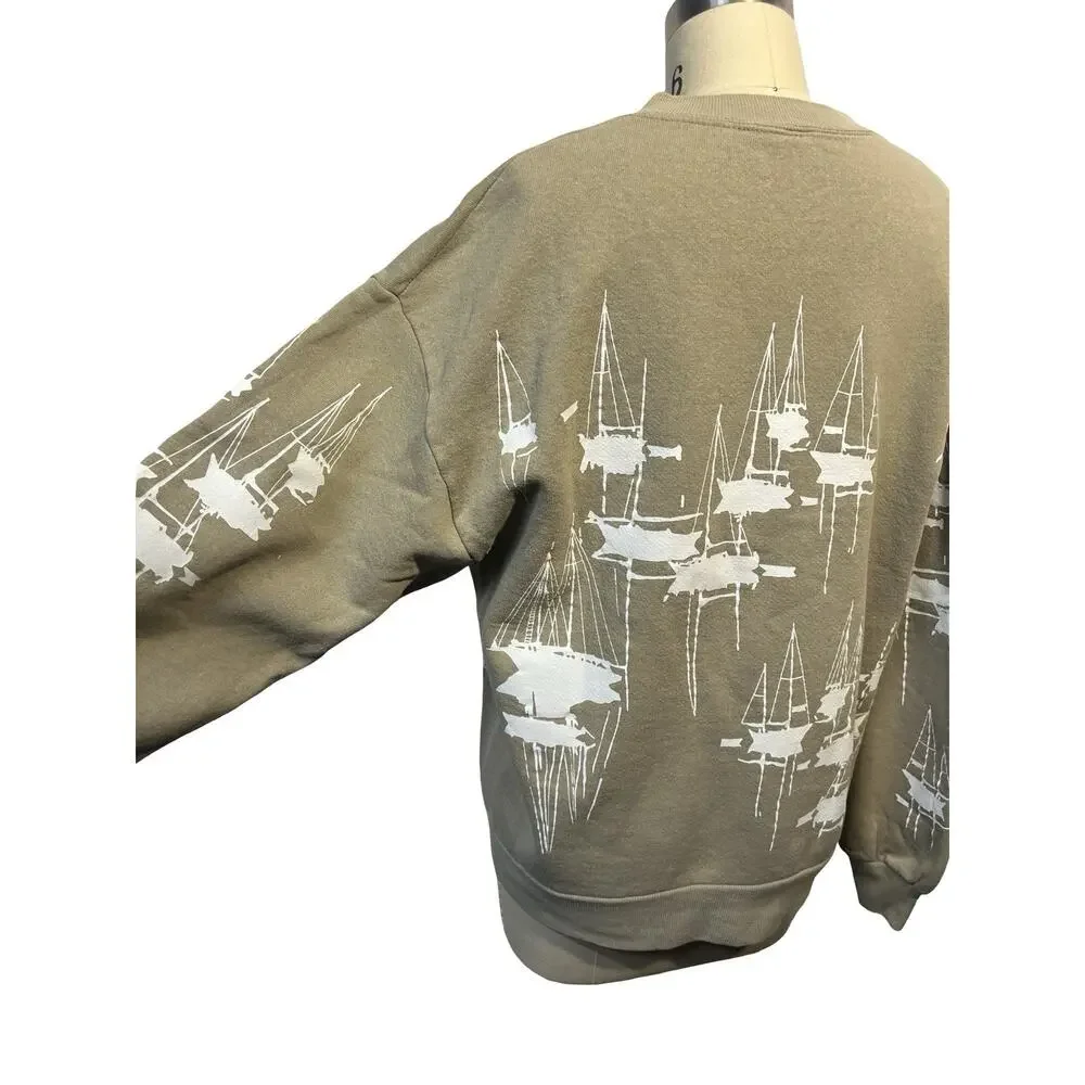 Vintage AOP Sailboat Print Pullover Crewneck Sweatshirt Tan Nautical Yacht M